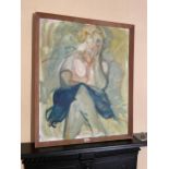A FRAMED OIL ON BOARD OF A SEATED LADY