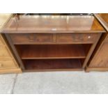 A MODERN YEW WOOD OPEN BOOKCASE WITH TWO DRAWERS 40" WIDE