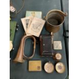 A BRASS POT, A VINTAGE BISCUIT TIN, 10 APOSTLE SPOONS, A COPPER/BRASS BUGLE, A VINTAGE CASED KODAK