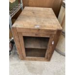 A VINTAGE WOODEN LOCKER WITH INTERNAL SHELF AND MESH DOOR