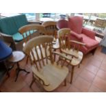 FOUR BEECHWOOD KITCHEN CHAIRS AND A BLUE LAMPSHADE