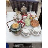 AN ASSORTMENT OF ITEMS TO INCLUDE CERAMIC TEA SERVICE ITEMS, A SNOOKER BALL SET AND A CERAMIC