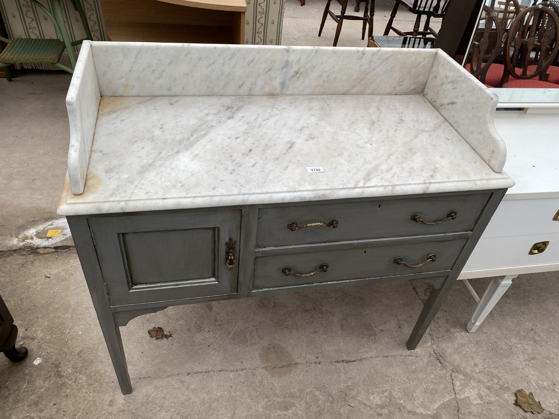 A PAINTED WASHSTAND WITH MARBLE TOP, WITH GALLERY BACK, 40" WIDE