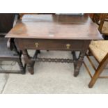 A 17TH CENTURY OAK SIDE TABLE WITH REEL AND BOBBIN TURNED STRETCHERS AND SINGLE DRAWER, 35" WIDE