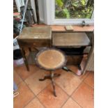 A MAHOGANY WINE TABLE, AN OAK SIDE TABLE WITH SINGLE DRAWER AND AN OAK MAGAZINE RACK