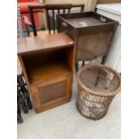 A GEORGIAN MAHOGANY POT CUPBOARD WITH GALLERY TOP, WICKER PAPER BIN AND A 20TH CENTURY BEDSIDE