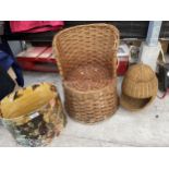 A WICKER SEAT, A WICKER BASKET AND A DECORATE WASTE PAPER BIN