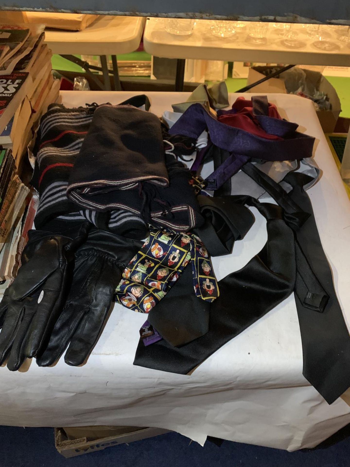 A NUMBER OF TIE'S, TWO SCARVES AND A PAIR OF GLOVES