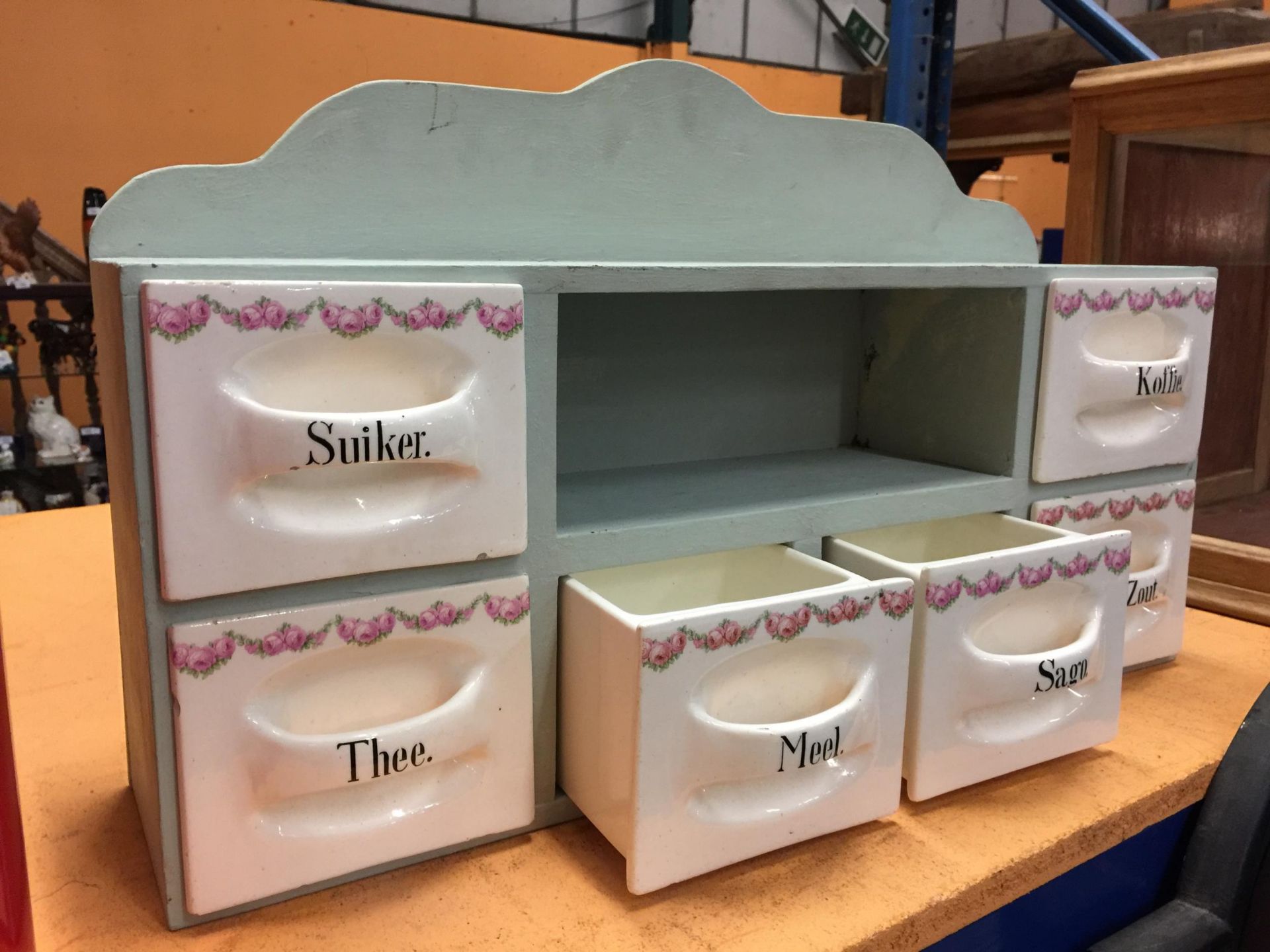 A DUTCH KITCHEN SET OF SIX PORCELAIN CONDIMENT DRAWERS IN WOODEN FRAME - Image 2 of 3