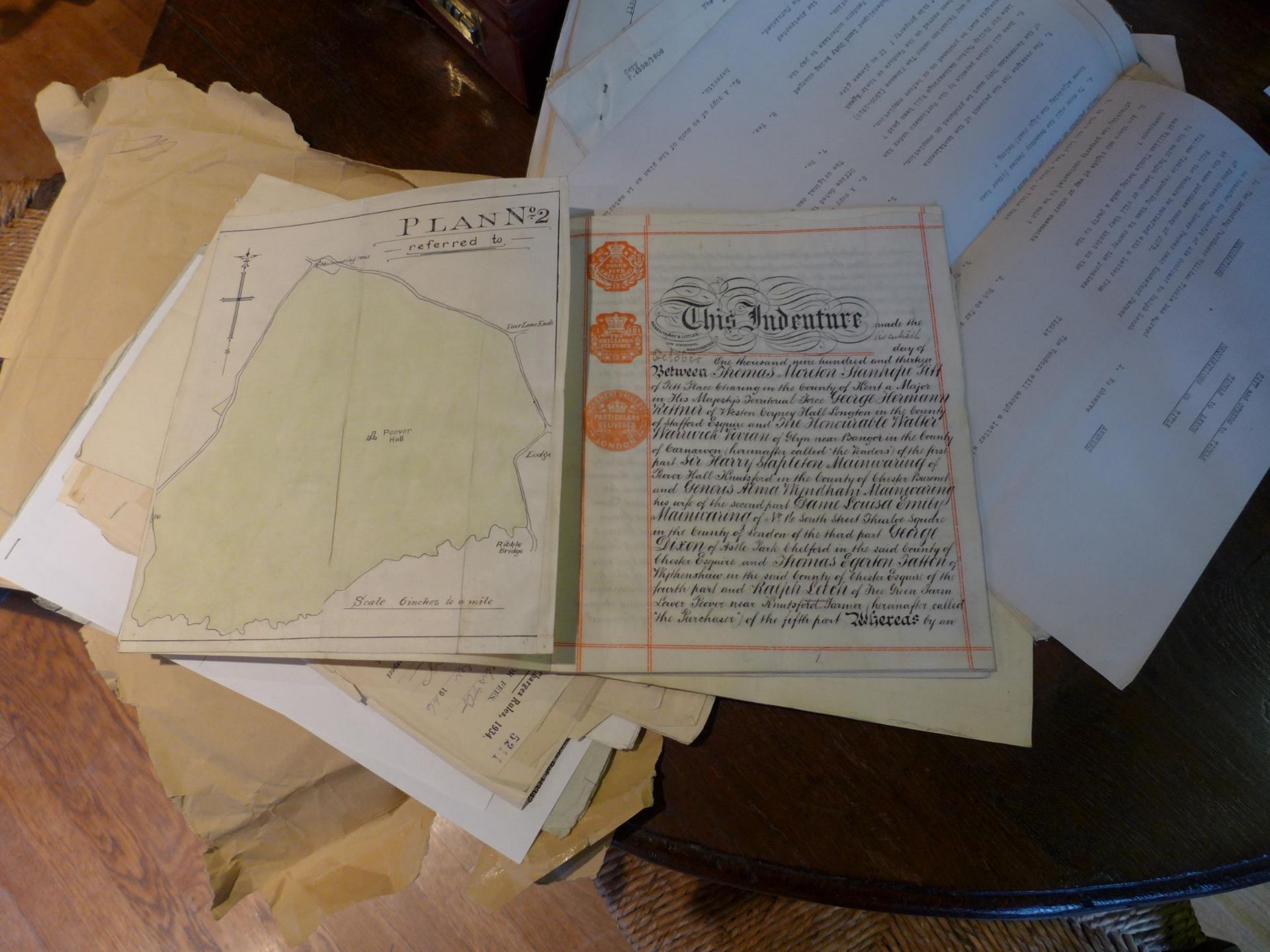 A PACKET OF EARLY 20TH CENTURY LEGAL DOCUMENTS RELATING TO PEOVER HALL, LAND AN COTTAGES, FREE GREEN