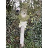 A RECONSTITUTED STONE BUST OF A LADY ON COLUMN BASE (H:148CM)