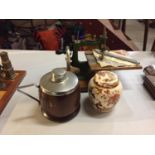 A VINTAGE MINIATURE 'GRAIN' TOY SEWING MACHINE TOGETHER WITH A MASON'S 'BROWN VELVET' LIDDED