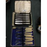 TWO CASES OF FLATWARE TO INCLUDE A SET OF SIX EPNS BUTTER KNIVES TOGETHER WITH A SET OF SIX