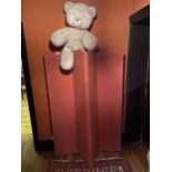 A FOUR FOLD FREESTANDING DRESS SCREEN UPHOLSTERED IN A RED HESSIAN H - 168CM AND A LARGE TEDDY BEAR