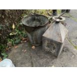 A LARGE VINTAGE FUEL DRUM AND A FURTHER GALVANISED BUCKET