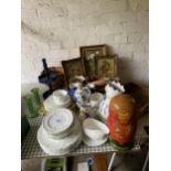 AN ASSORTMENT OF ITEMS TO INCLUDE WHITE WEDGWOOD PLATES, JASPERWARE VASES AND FRAMED PICTURES ETC