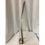 A POSSIBLY 19TH CENTURY POLICE SWORD, 71CM CURVED BLADE, BRASS STIRRUP HILT