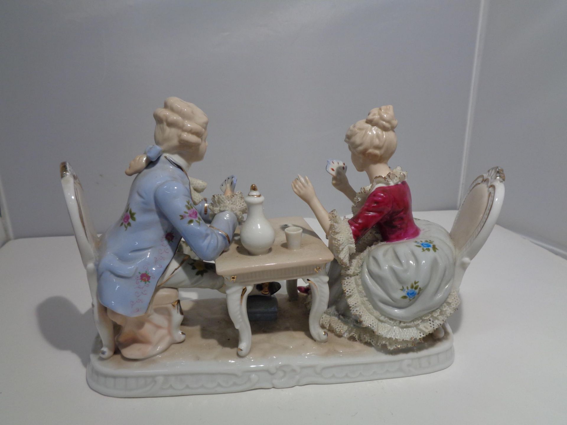 A VICTORIAN DRESDEN DOUBLE FIGURE OF A LADY AND GENT PLAYING CARDS - Image 2 of 2