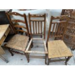 A PAIR OF OAK ARTS & CRAFTS BEDROOM CHAIRS AND LANCASHIRE LADDERBACK CHAIR