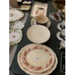 A QUANTITY OF ITEMS TO INCLUDE PLATES, A CAKE STAND,AND A PRINT OF AN ORIENTAL LADY