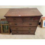 A VICTORIAN OAK CHEST OF TWO SHORT AND THREE LONG DRAWERS W:94CM D:52CM H:87CM