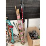 AN ASSORTMENT OF ITEMS TO INCLUDE A WIND BREAK, SPIRIT LEVEL AND RAKES ETC