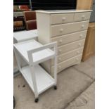 A MODERN WHITE BEDROOM CHEST AND TROLLEY