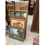 AN ASSORTMENT OF FRAMED PRINTS PICTURES AND MIRRORS