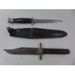 A SHEFFIELD MADE IXL BOWIE KNIFE, 15CM BLADE AND ANOTHER KNIFE, 15CM BLADE, LEATHER SCABBARD