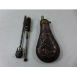 A COPPER AND BRASS POWDER FLASK AND TWO CLARING RODS (3)