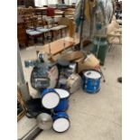 A LARGE COLLECTION OF DRUM KIT ITEMS TO INCLUDE SNARES, SYMBOLS, STANDS AND DRUM STICKS ETC
