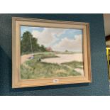 A PAINTED FRAMED OIL ON PANEL BY J.W GOSLING 'IKEN CLIFF, SUFFOLK' DATED 86, 39CM X 49CM