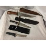 A COLLECTION OF THREE KNIVES COMPRISING BOWIE KNIFE, 14.5CM BLADE, MODERN JAPANESE KNIFE, 11.5CM