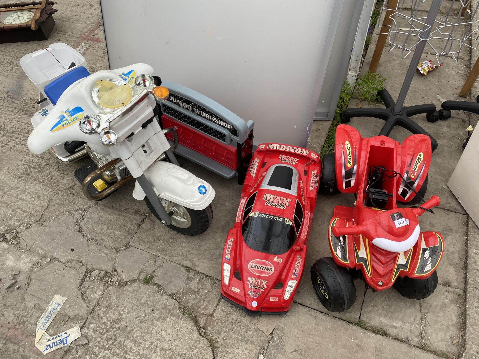 CHILDREN'S TOYS - A QUAD, RACING CAR, MOTORCYCLE AND WORKSHOP
