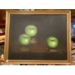 A FRAMED STILL LIFE PAINTING ON CANVAS OF APPLES AGAINST A BLACK BACKGROUND