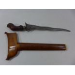 A BALANISE KRIS, 21CM WAVY BLADE, WOODEN GRIP AND SCABBARD