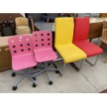 A PAIR OF PINK JULES SWIVEL CHILDS CHAIRS AND A PAIR OF CHAIRS ON CHROME BASES (YELLOW AND RED)