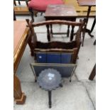 A MINIATURE EBONISED GYPSIES TABLE, SPANISH STYLE MAGAZINE RACK AND 1970'S METAL FRAMED MAGAZINE