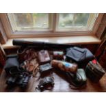 A COLLECTION OF THREE SETS OF BINOCULARS, THREE DRAW TELESCOPE, OPERA GLASSES ETC