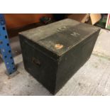A VINTAGE PINE GREEN MILITARY TRUNK WITH SIDE HANDLES STAMPED J.C.K M HEIGHT 45CM WIDTH 76CM DEPTH