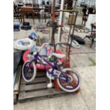 AN ASSORTMENT OF HOUSEHOLD CLEARANCE ITEMS TO INCLUDE A CHILDS BIKE, TRAMPOLINE AND MOWER ETC