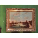 A SMALL GILT FRAMED PAINTING ON BOARD OF A HARBOUR SCENE, SOME FINE CRACKING TO THE PAINT IN PLACES