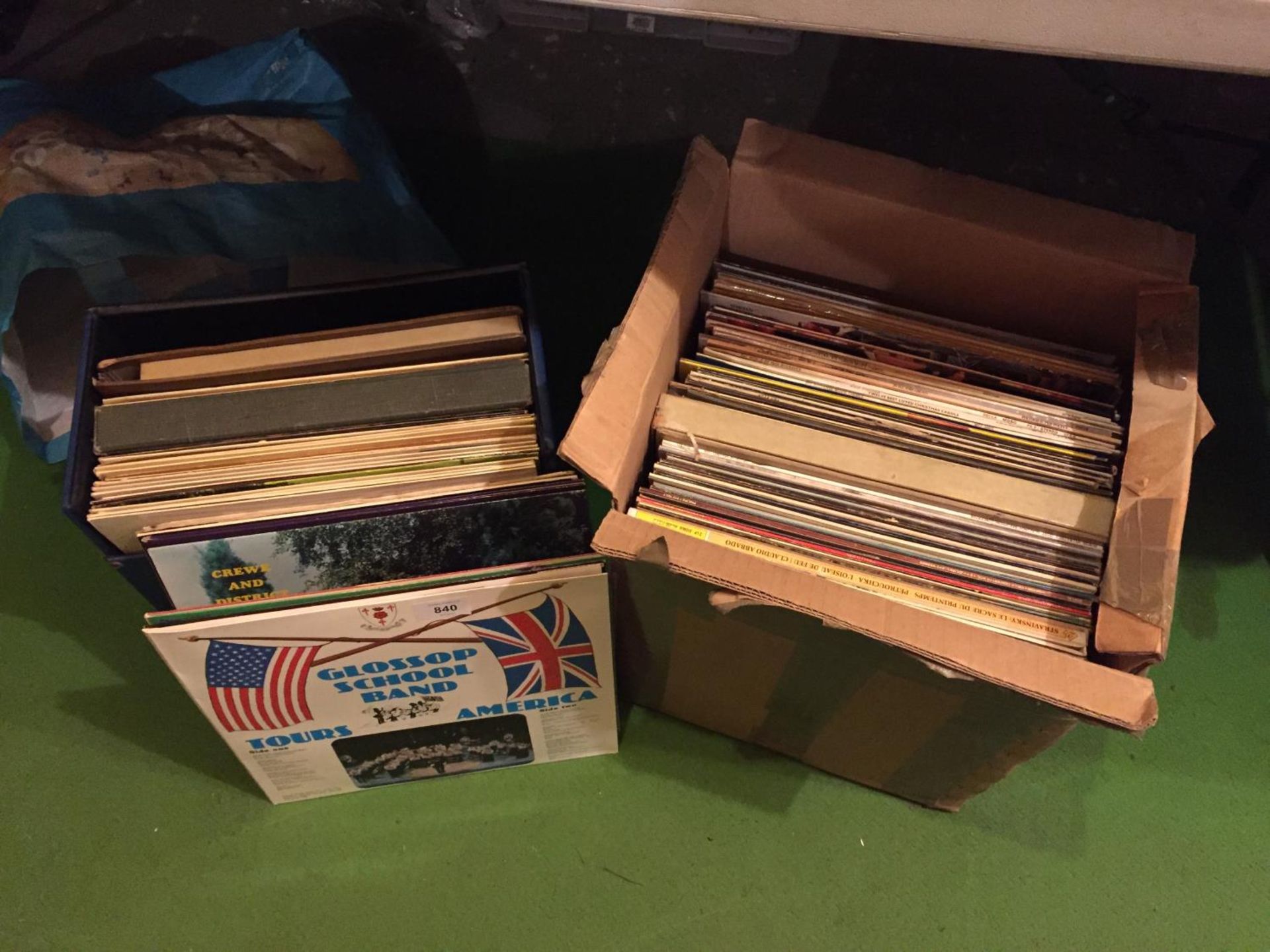 A LARGE BOX OF LP RECORDS AND A BLUE STORAGE BOX ALSO CONTAINING LP'S TO INCLUDE SINATRA, BING