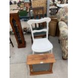 AN EDWARDIAN ROSEWOOD AND INLAID MIRRORED WALL SHELF AND SMALL STOOL