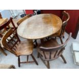 A MODERN DROP-LEAF PEDESTAL TABLE, 35.5" DIAMETER AND FOUR DINING CHAIRS