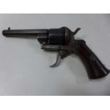 A 7.65 CALIBRE SIX SHOT PINFIRE REVOLVER WITH LIEGE PROOF MARKS, HAMMER SPRING FAULTY