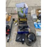 AN ASSORTMENT OF ITEMS TO INCLUDE WORK BOOTS, EXTENSION LEADS AND A HELMET ETC