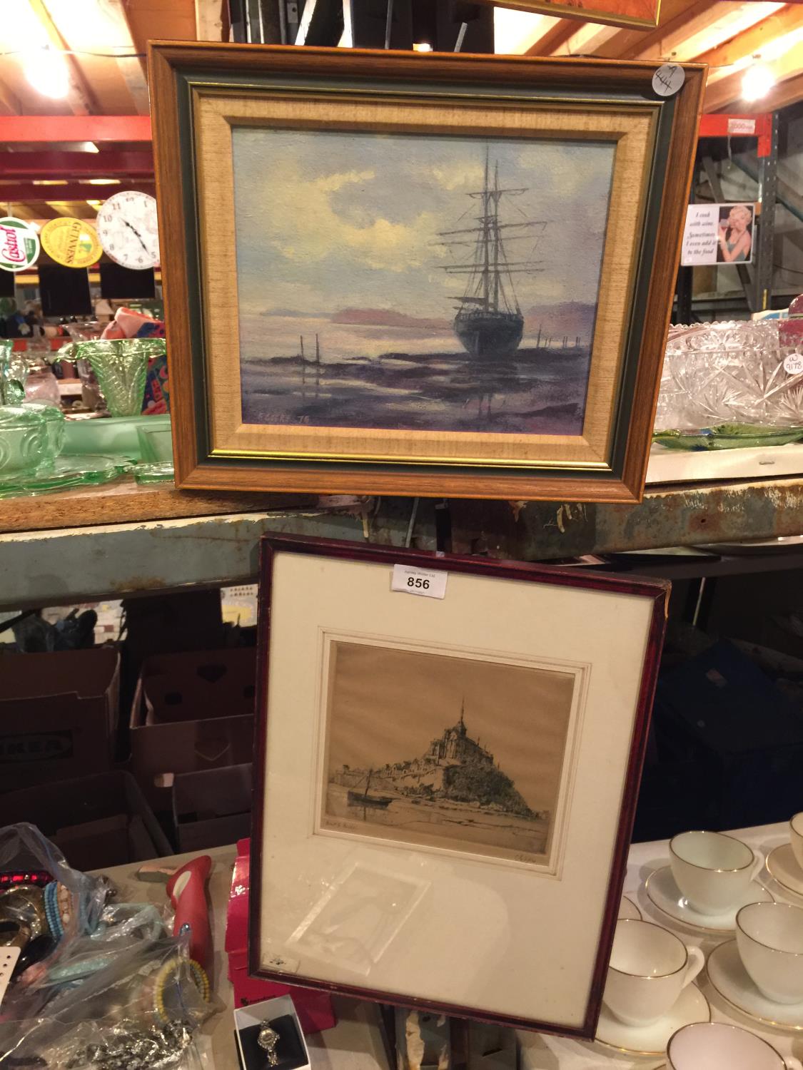 A SMALL FRAMED PAINTING ON BOARD OF A LARGE SHIP AND A SECOND FRAMED PRINT