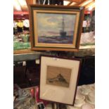 A SMALL FRAMED PAINTING ON BOARD OF A LARGE SHIP AND A SECOND FRAMED PRINT