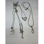 FOUR MARKED SILVER NECKLACES WITH PENDNATS TO INCLUDE A HEART, FLOWER AND PURPLE STONE, TWIST ETC